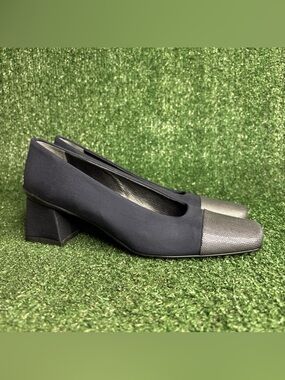 Sesto Meucci Navy Blue Nylon Silver Square Toe Low Heel Pumps Black Size 7.5 M‎